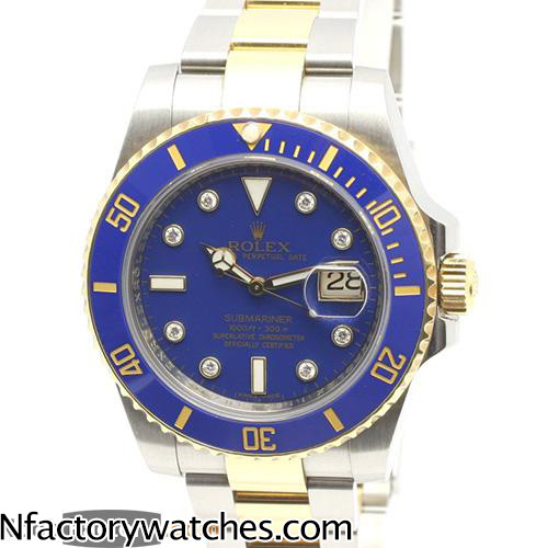 勞力士 Rolex SUBMARINER DATE 間金藍水鬼 116613LB 鑲鑽版 316L不鏽鋼 18k金 單向可旋轉的藍色陶瓷錶圈